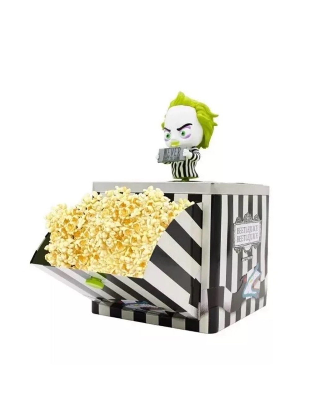 Beetlejuice Popcorn Tin with Figurine - Black & White Stripes, Neon Green Accent